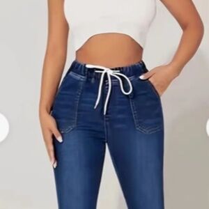 Drawstring Elastic Waist Jeans, DARK Blue Casual Denim, STRETCH Women's M/6